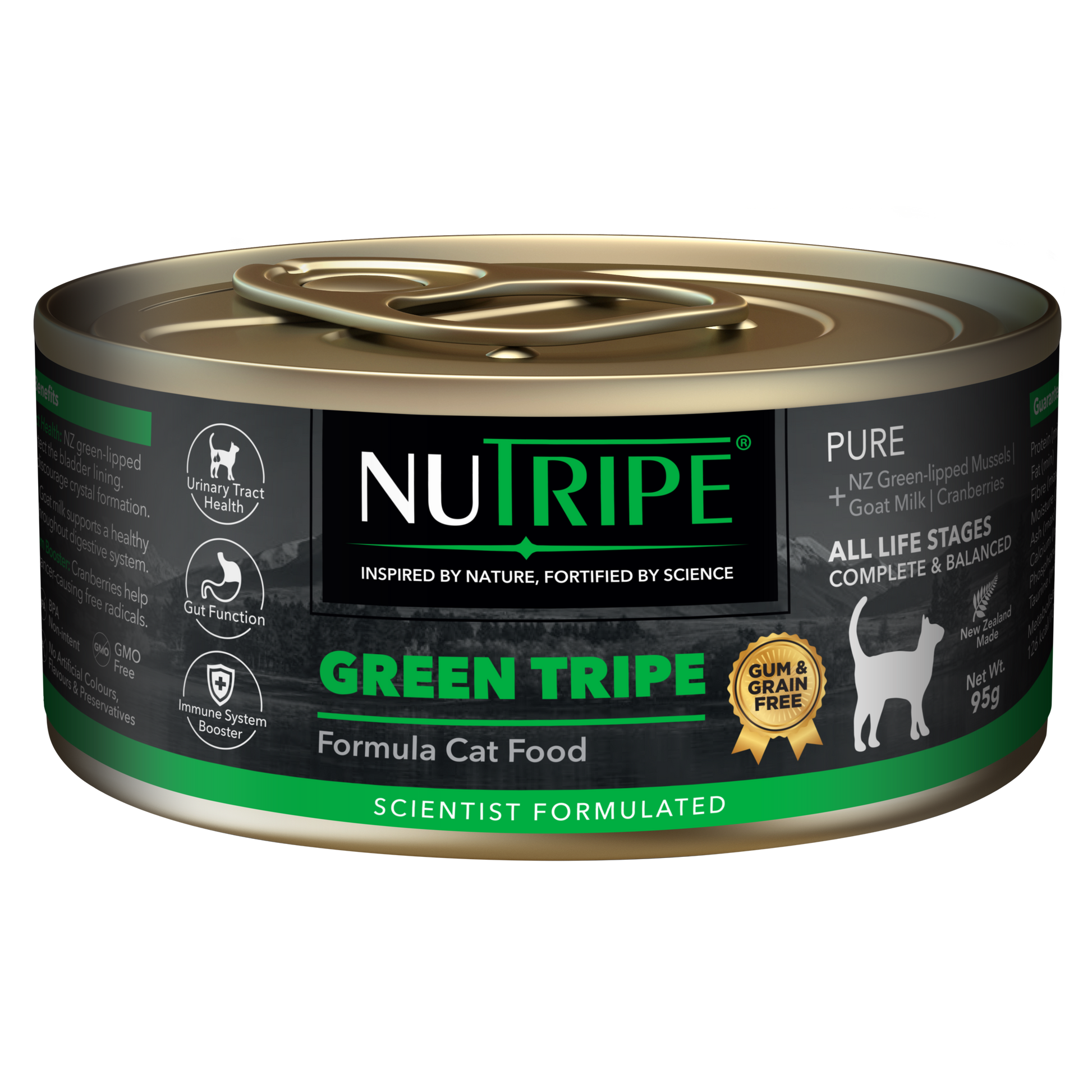 Nutripe Pure Green Tripe Cat Food, 95g can with black label, green text, and white cat silhouette.