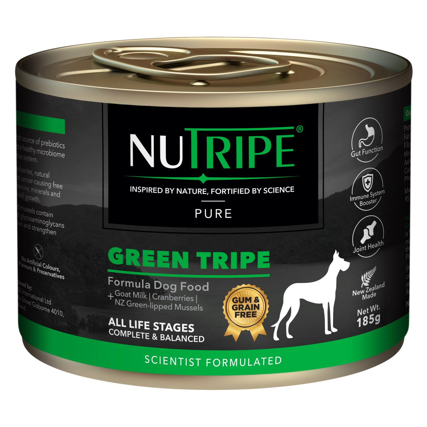 Nutripe Pure Green Tripe Dog Food, 185g can with black and green label, gum & grain free.