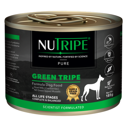 Nutripe Pure Green Tripe Dog Food, 185g can with black and green label, gum & grain free.