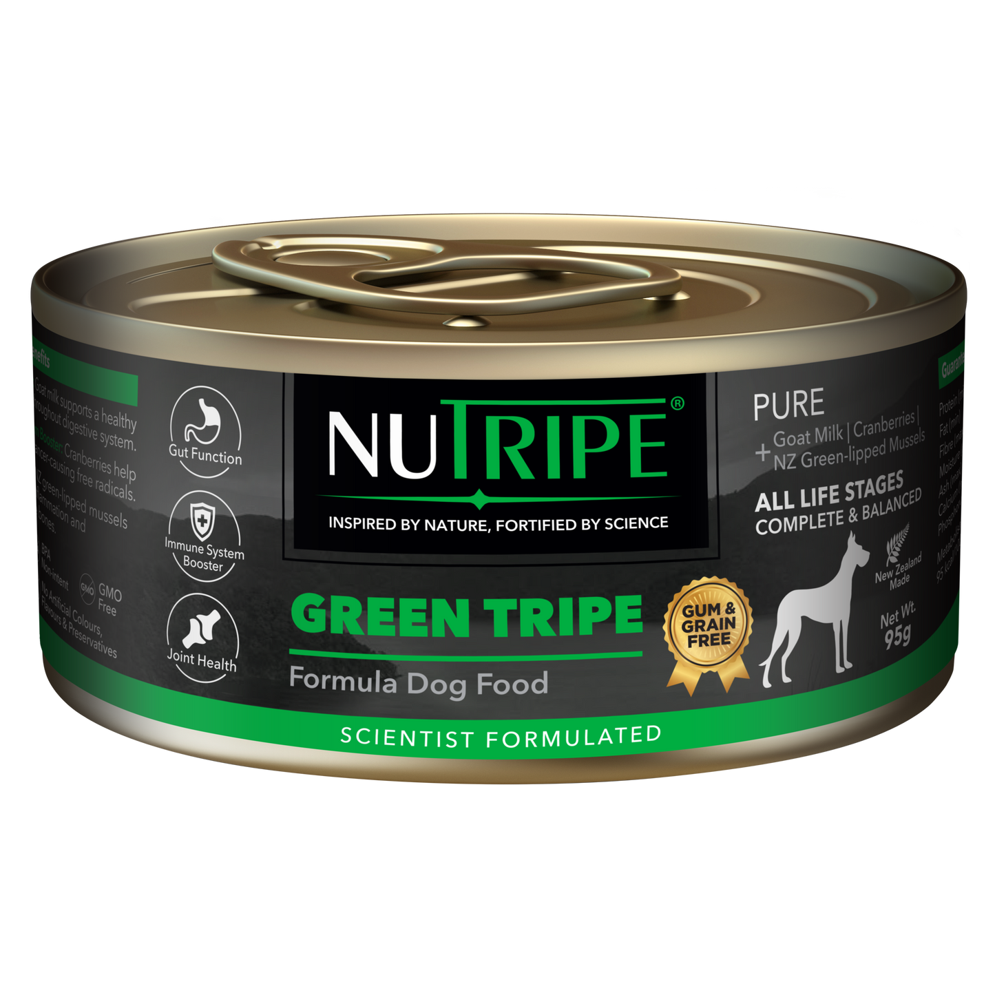 Nutripe Pure Green Tripe Dog Food, 95g can with black and green label, gum & grain free.