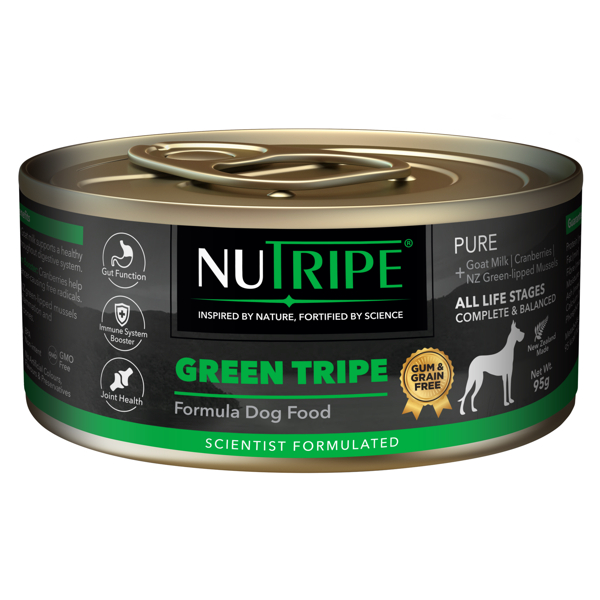 Nutripe Pure Green Tripe Dog Food, 95g can with black and green label, gum & grain free.