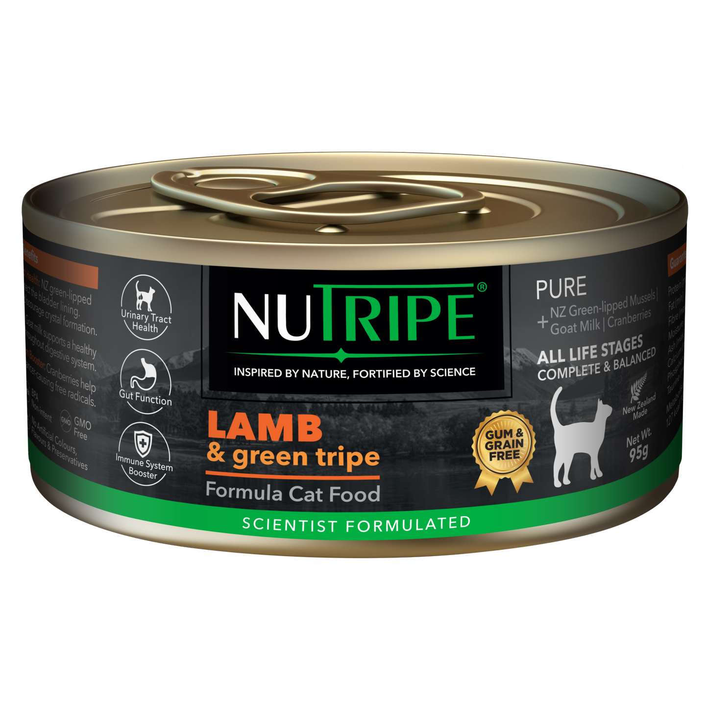 Nutripe Pure Lamb & Green Tripe Cat Food, 95g can with black label, green accents, and a white cat silhouette.