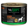 Nutripe Pure Lamb & Green Tripe Dog Food, 185g can with black label, green trim, and gold gum-free seal.