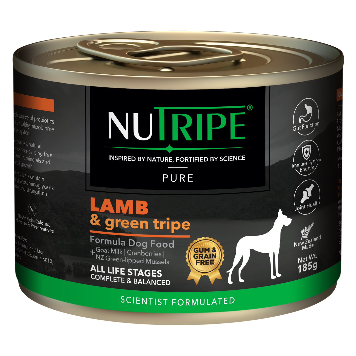 Nutripe Pure Lamb & Green Tripe Dog Food, 185g can with black label, green trim, and gold gum-free seal.