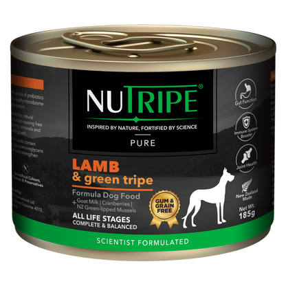 Nutripe Pure Lamb & Green Tripe Dog Food, 185g can with black label, green trim, and gold gum-free seal.