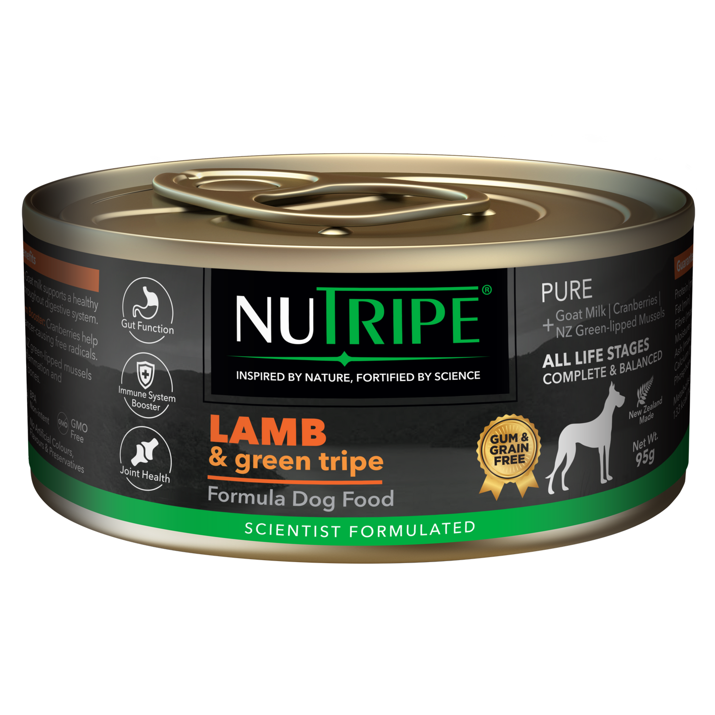 Nutripe Pure Lamb & Green Tripe gum-free wet dog food in a black and gold 95g can.