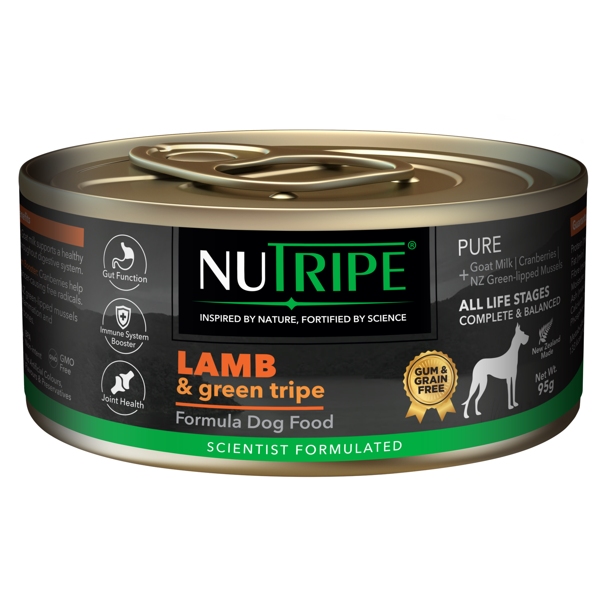 Nutripe Pure Lamb & Green Tripe gum-free wet dog food in a black and gold 95g can.