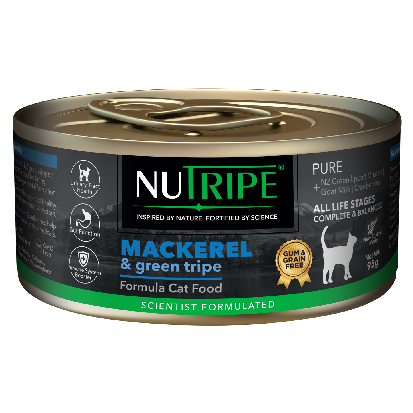 Nutripe Pure Mackerel & Green Tripe 95g gum-free cat food can with black label and gold accents.