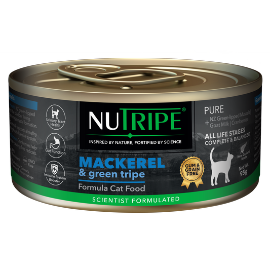 Nutripe Pure Mackerel & Green Tripe 95g gum-free cat food can with black label and gold accents.