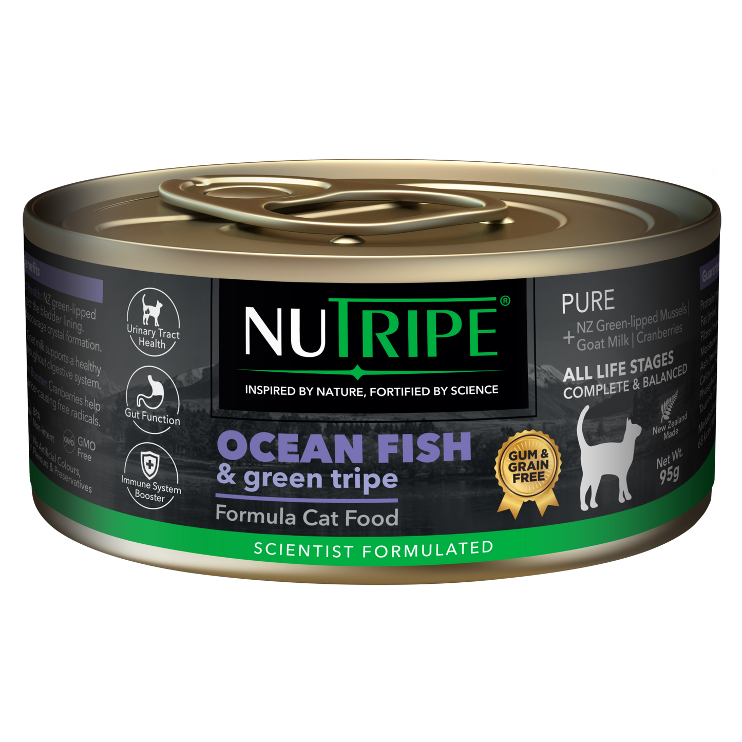 Nutripe Pure Ocean Fish & Green Tripe Cat Food, 95g can with black and purple label.
