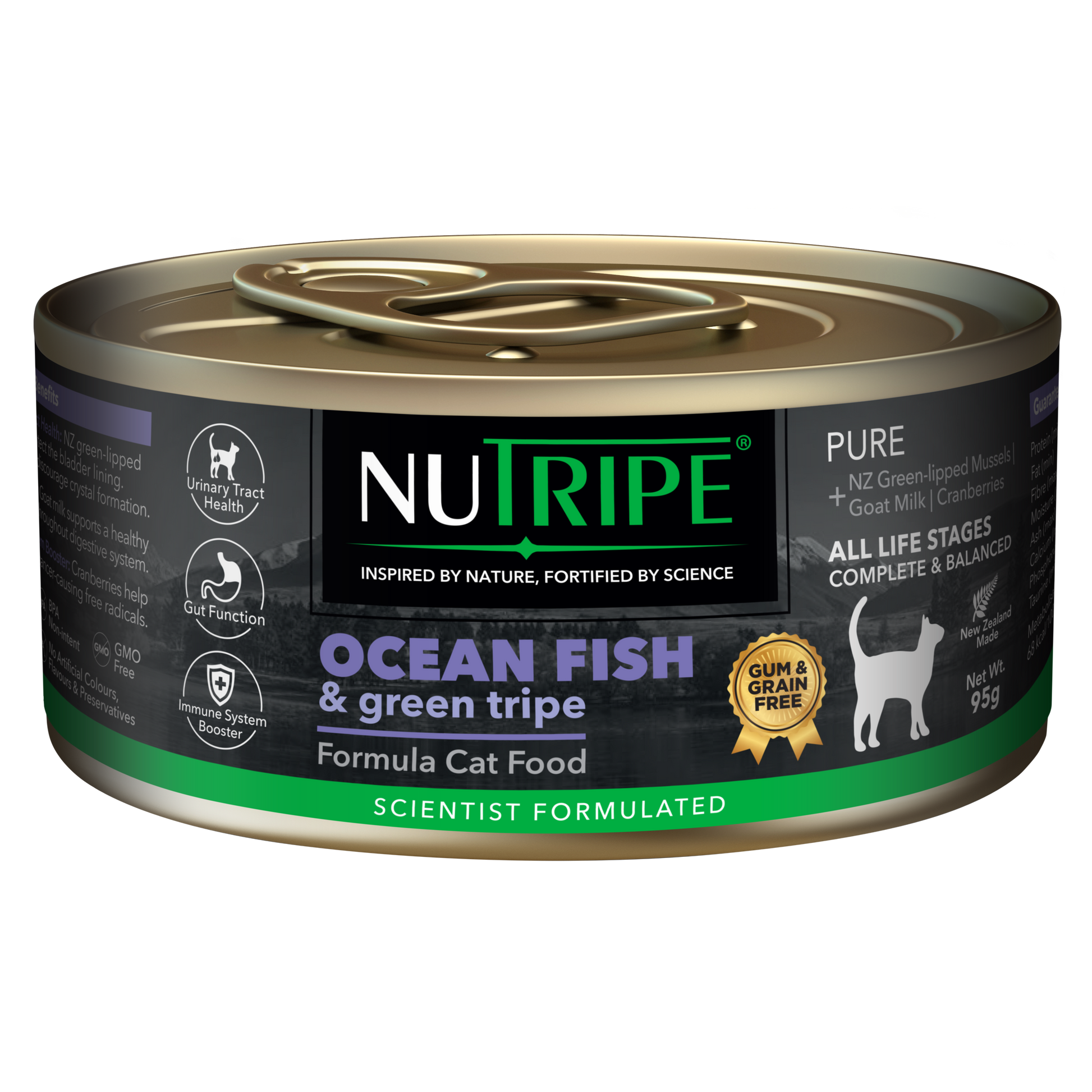 Nutripe Pure Ocean Fish & Green Tripe Cat Food, 95g can with black and purple label.