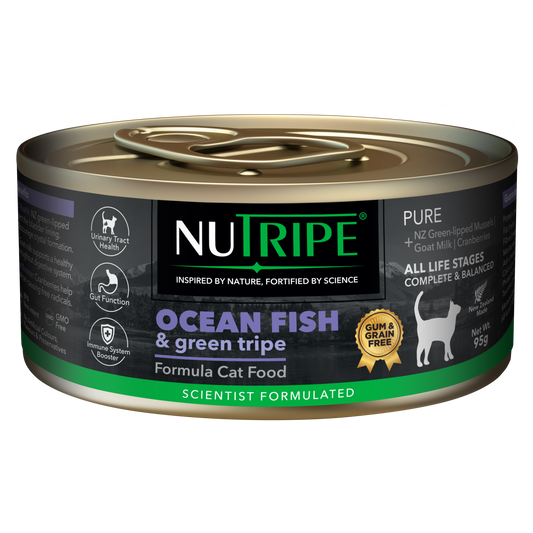 Nutripe Pure Ocean Fish & Green Tripe Cat Food, 95g can with black and purple label.