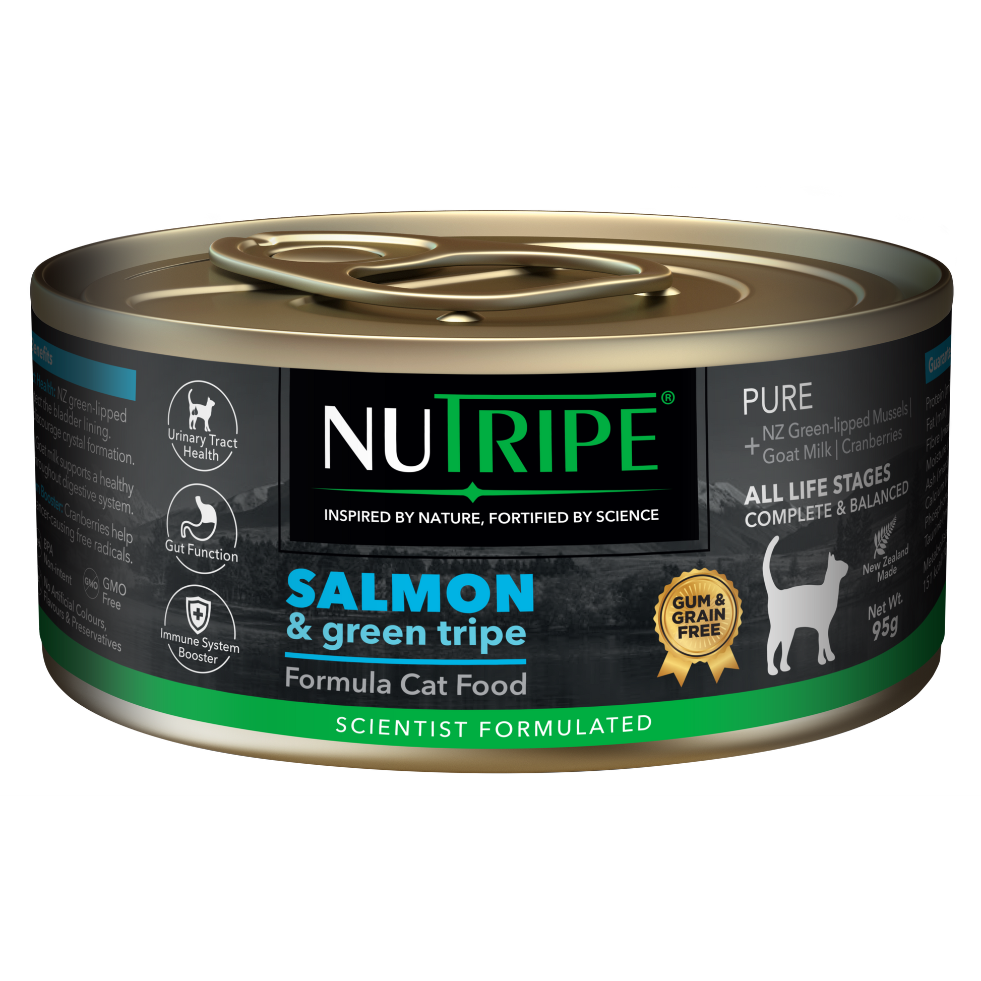 Nutripe Pure Salmon & Green Tripe Cat Food, 95g can with black label, gold accents, and "Gum & Grain Free" seal.