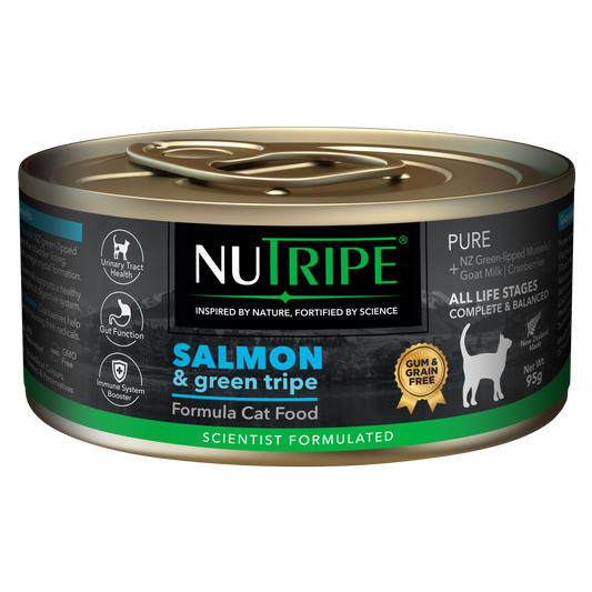Nutripe Pure Salmon & Green Tripe Cat Food, 95g can with black label, gold accents, and "Gum & Grain Free" seal.