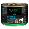 Nutripe Pure Salmon & Green Tripe wet dog food, 185g can with black label and green accents.