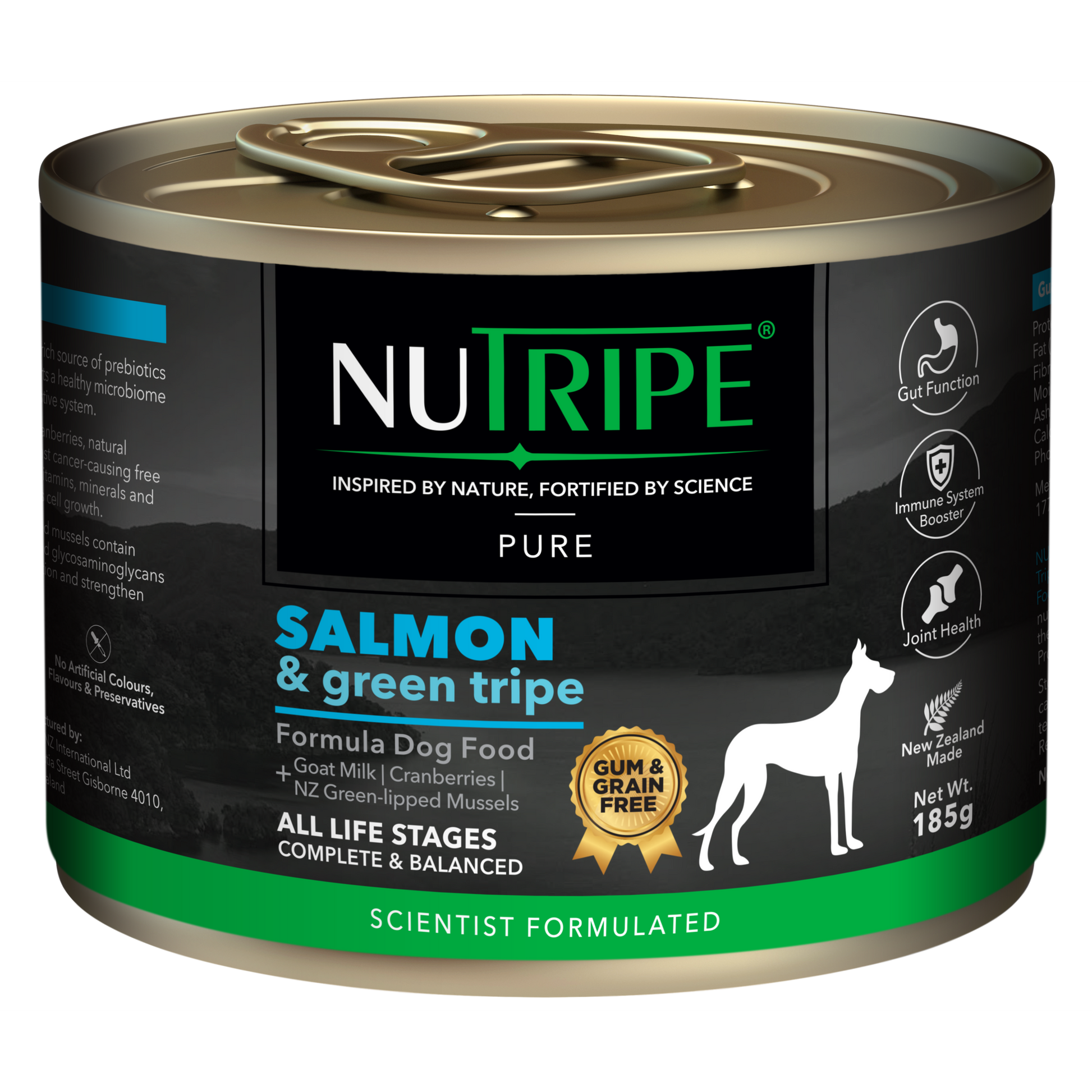 Nutripe Pure Salmon & Green Tripe wet dog food, 185g can with black label and green accents.