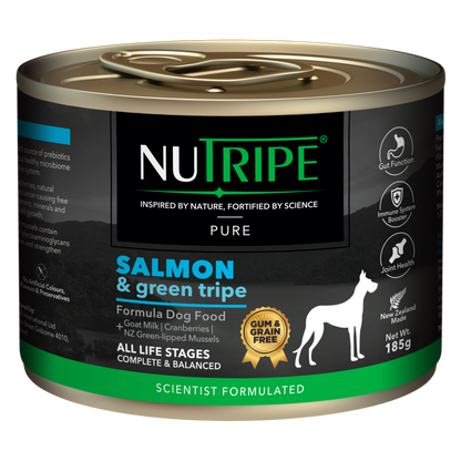 Nutripe Pure Salmon & Green Tripe wet dog food, 185g can with black label and green accents.