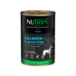 Nutripe Pure Salmon & Green Tripe Dog Food can, black and green label, white dog silhouette.