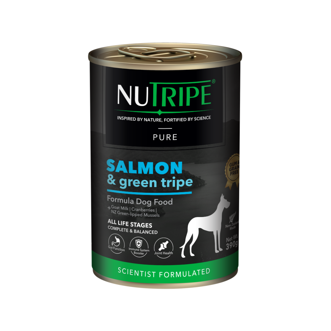 Nutripe Pure Salmon & Green Tripe Dog Food can, black and green label, white dog silhouette.