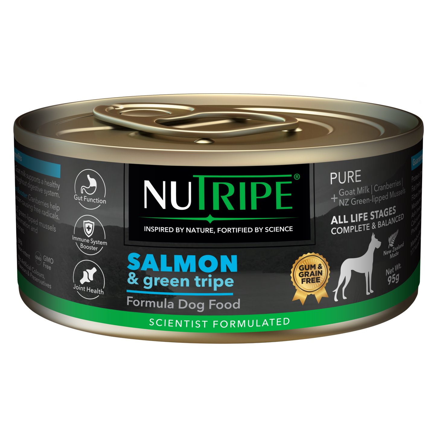 Nutripe Pure Salmon & Green Tripe gum-free wet dog food in a black and green 95g can.