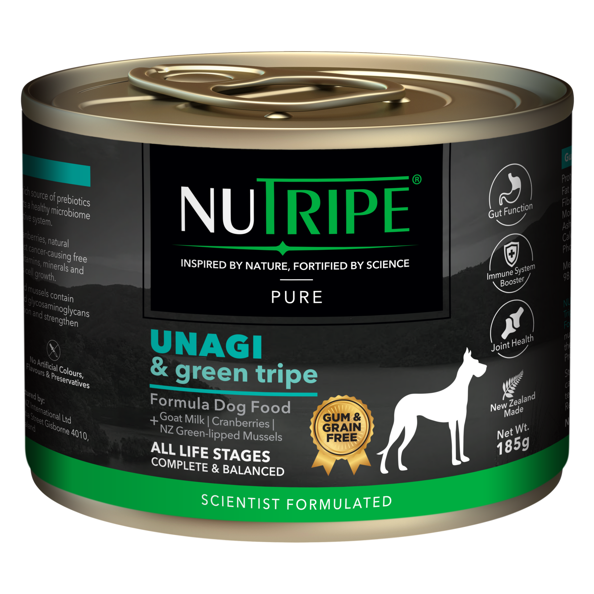 Nutripe Pure Unagi & Green Tripe gum-free dog food, 185g can with green and black label.