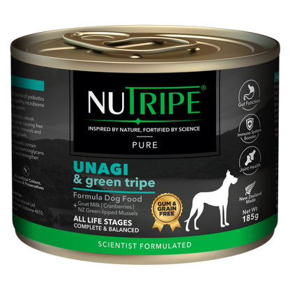 Nutripe Pure Unagi & Green Tripe gum-free dog food, 185g can with green and black label.