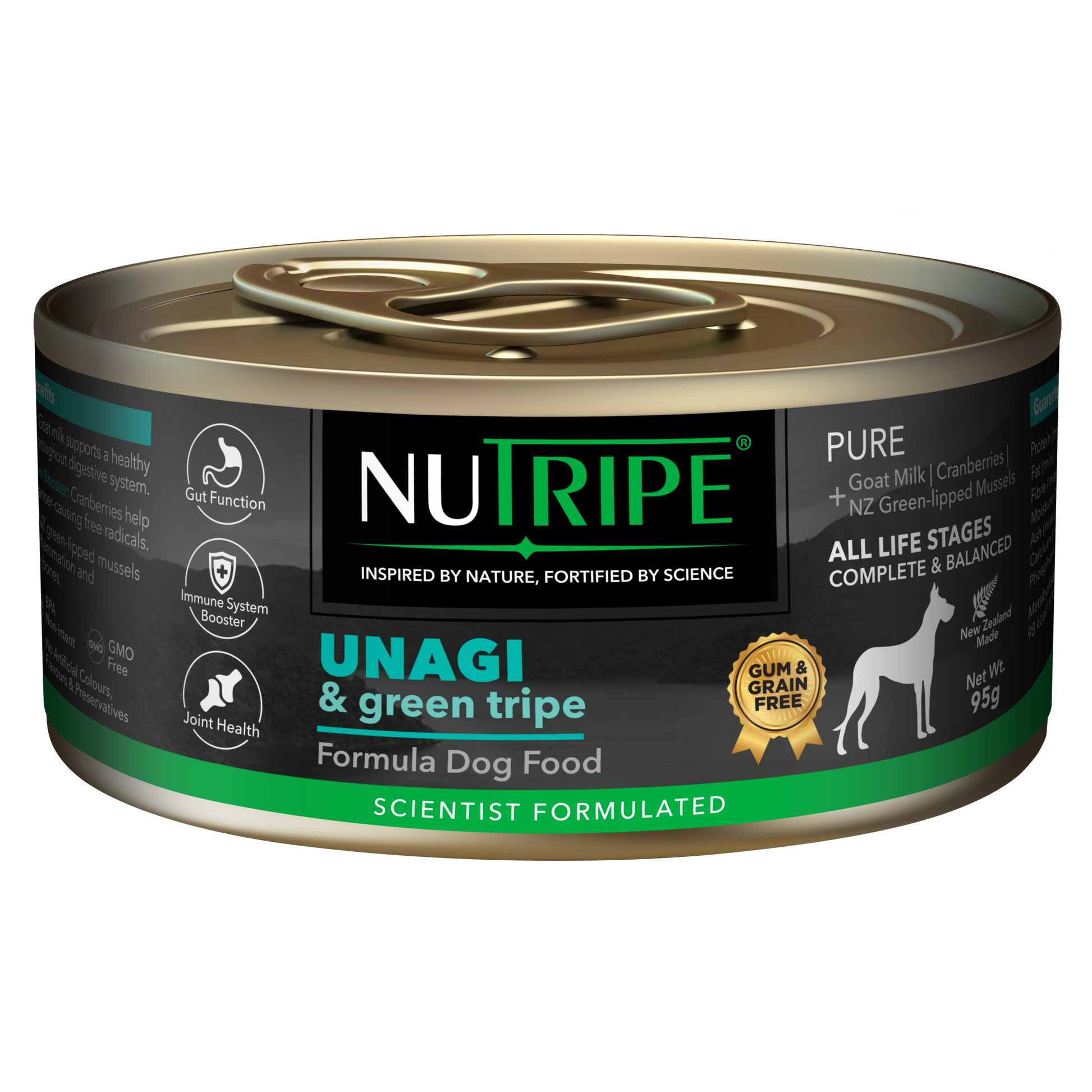 Nutripe Pure Unagi & Green Tripe Dog food can, black label with green accents, gold lid, 95g.