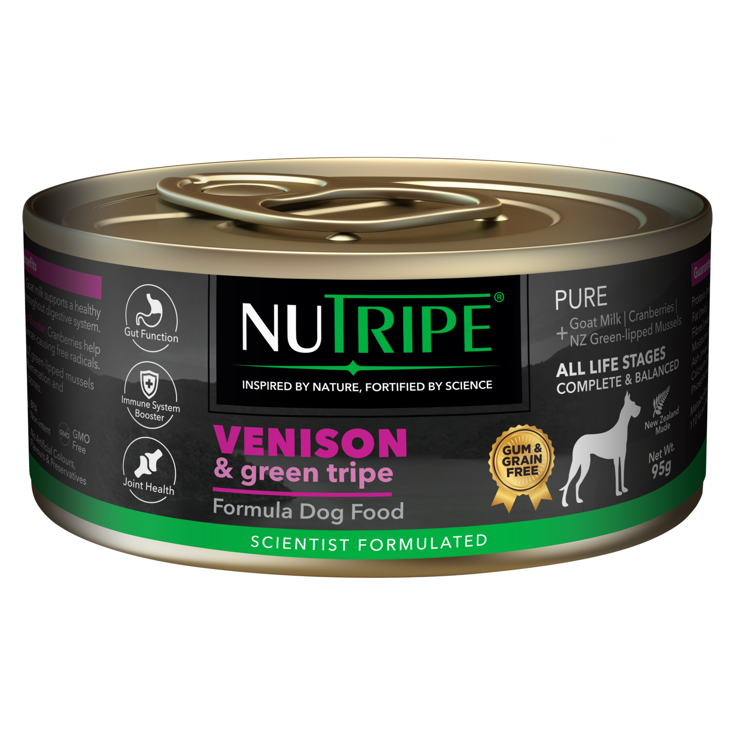 Nutripe Pure Venison & Green Tripe Dog Food, 95g can with black label, gold accents, and green text.