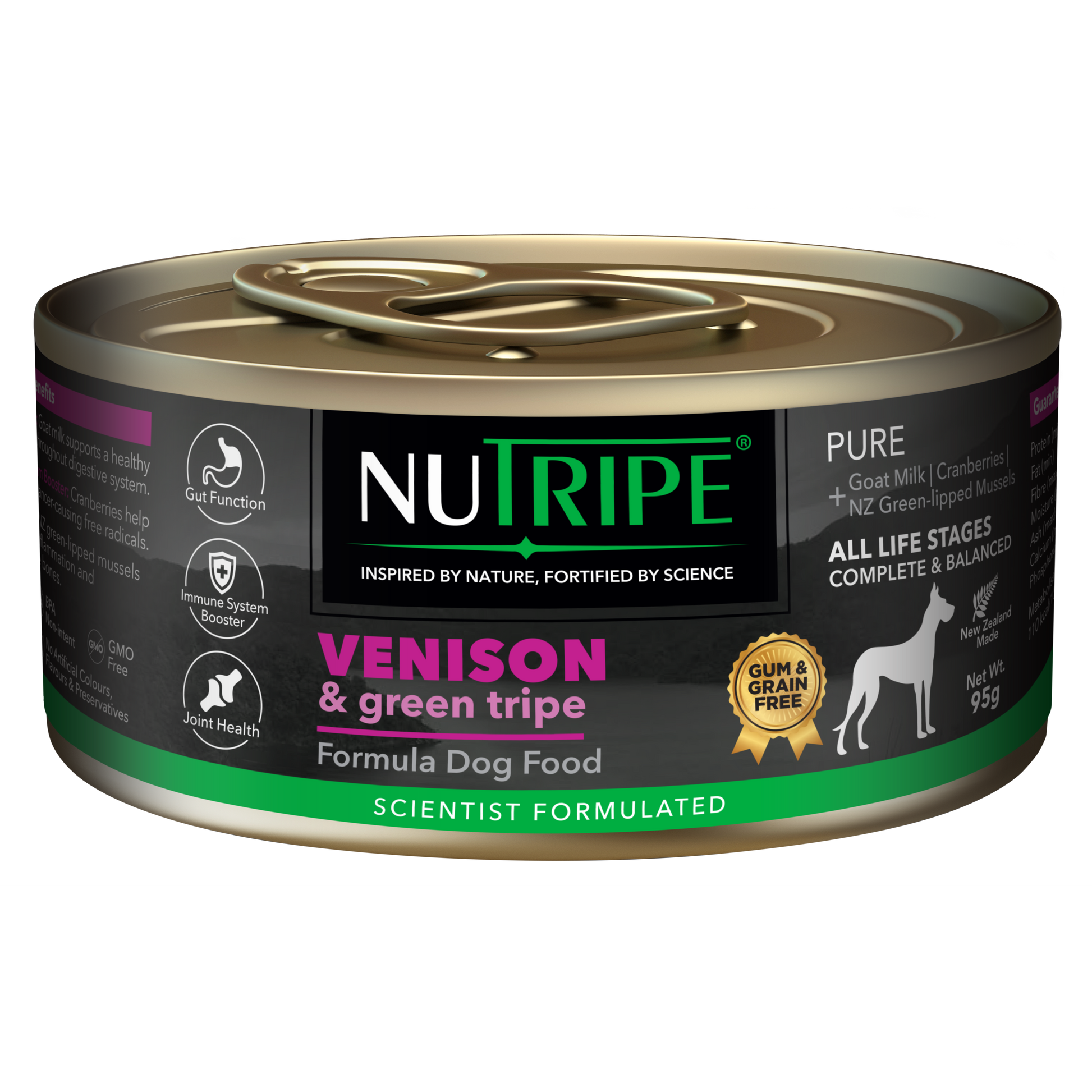 Nutripe Pure Venison & Green Tripe Dog Food, 95g can with black label, gold accents, and green text.