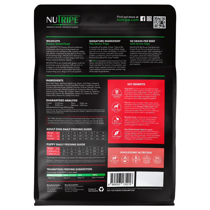 Nutripe WildCuts Freeze-Dried NZ Grass-Fed Beef with Green Tripe Formula Dog Food 380g
