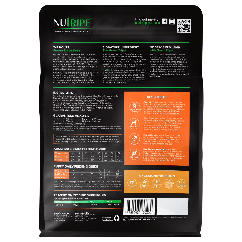 Nutripe WildCuts Freeze-Dried NZ Grass-Fed Lamb with Green Tripe Formula Dog Food 380g