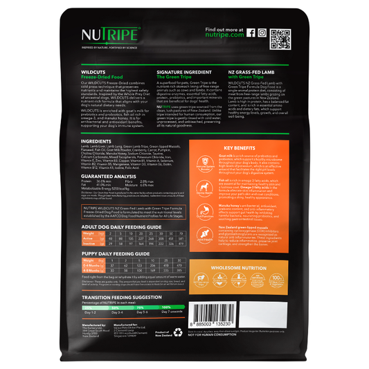 Nutripe WildCuts Freeze-Dried NZ Grass-Fed Lamb with Green Tripe Formula Dog Food 380g