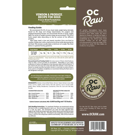 OC Raw Venison & Produce Grain-Free Freeze-Dried Raw Dog Food - 14oz