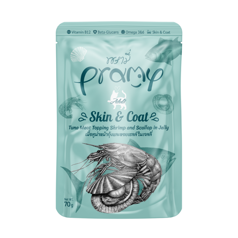 Pramy Skin & Coat Tuna Meat Topping Shrimp & Scallop in Jelly for Adult Cat - 70g