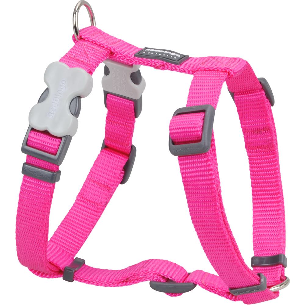 Bright pink 12mm nylon Red Dingo Classic dog harness with grey buckle bone and D-ring.