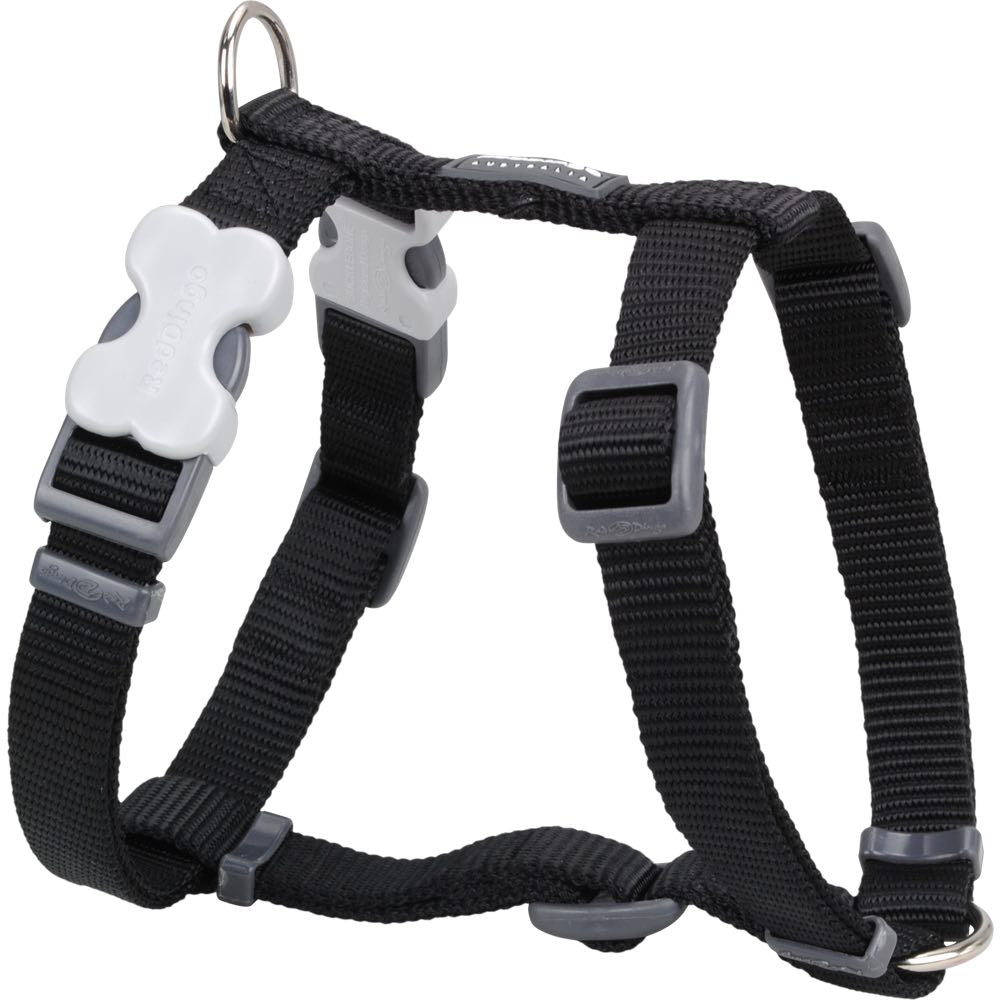 Black Red Dingo Classic Dog Harness, 20mm wide nylon webbing with grey buckle bone and D-ring.