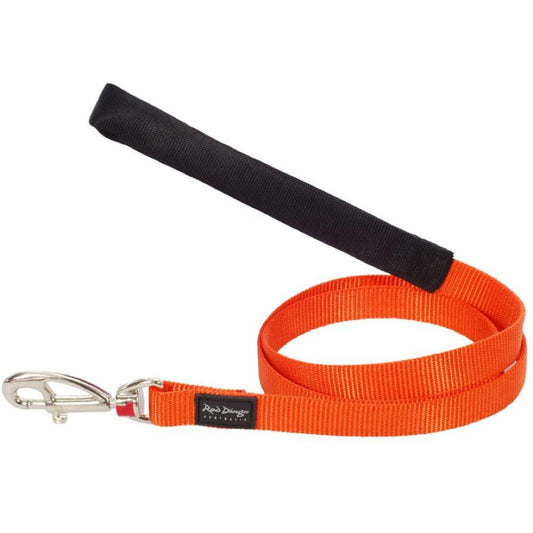 Red Dingo Classic 15mm orange nylon dog lead with black padded handle and silver clip.