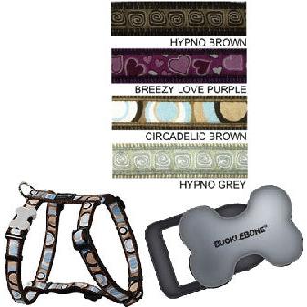 Red Dingo dog harness in Circadelic Brown pattern with a silver Bucklebone, alongside swatches of other designs.