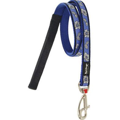 Red Dingo Hibiscus Blue Medium dog lead with white floral design, padded black handle, and metal clip.