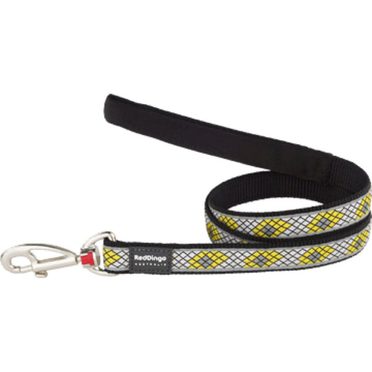 Black nylon dog leash with yellow and gray diamond pattern, padded handle, and metal clip.