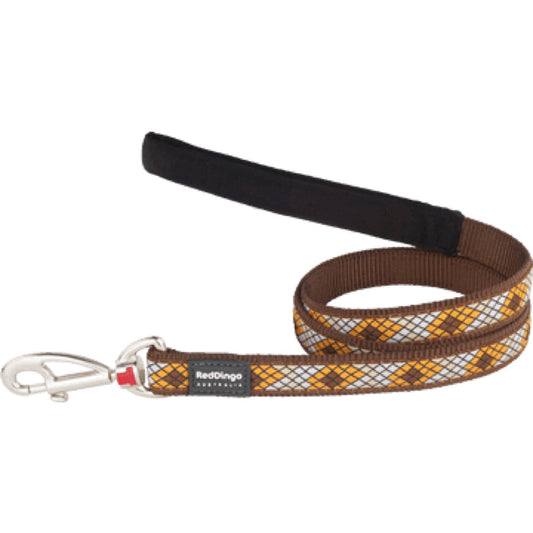 Brown Red Dingo Monty fixed-length dog leash with a yellow and white argyle pattern and padded handle.