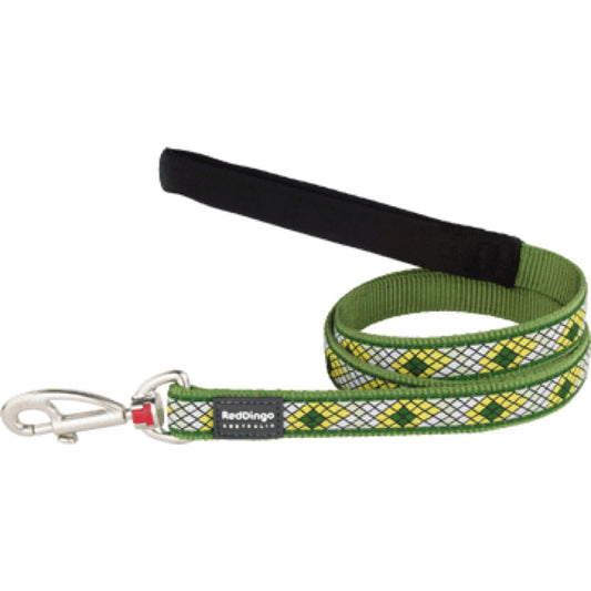 Green Red Dingo Monty fixed-length nylon dog leash with yellow diamond pattern and padded black handle.