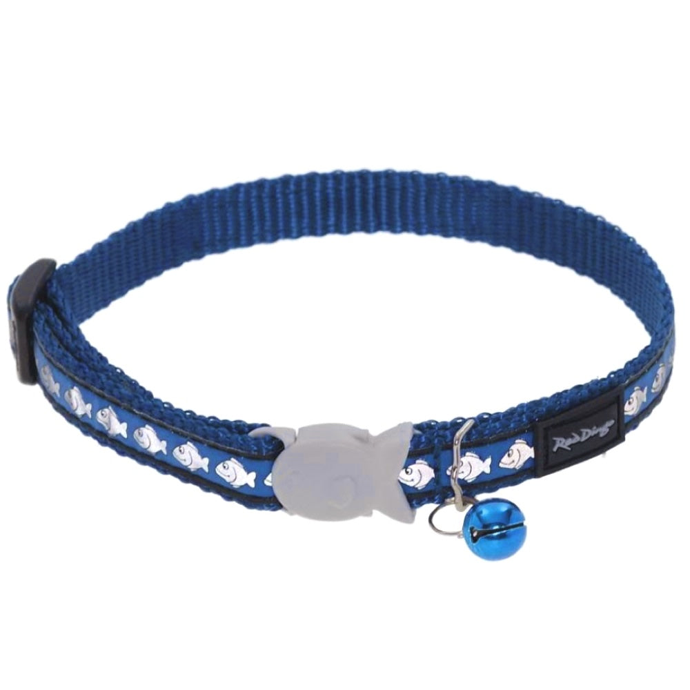 Blue nylon cat collar with reflective fish print, safety bell, and snag-free fish clip.