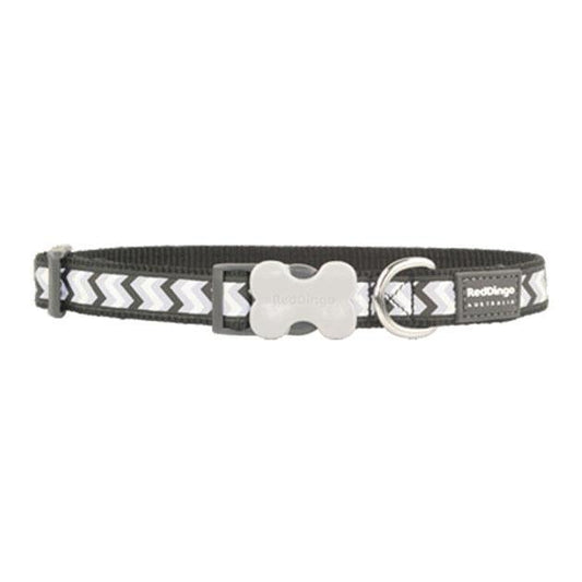 Red Dingo Reflective Ziggy Dog Collar in black nylon webbing with a grey zig-zag pattern and bone buckle.