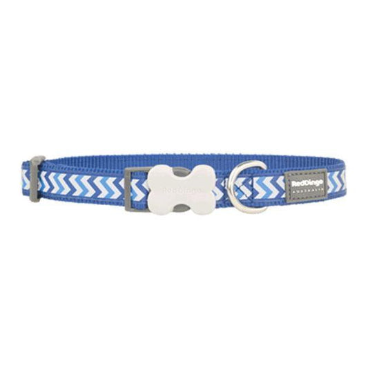 Blue Red Dingo Reflective Ziggy Dog Collar with white chevron pattern, bone buckle, and stainless steel D-ring.
