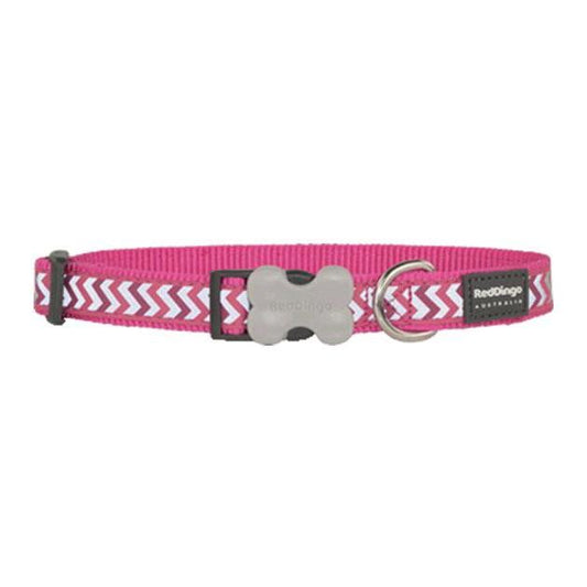 Hot pink Red Dingo Reflective Ziggy dog collar with white zig-zag pattern, bone buckle, and D-ring.