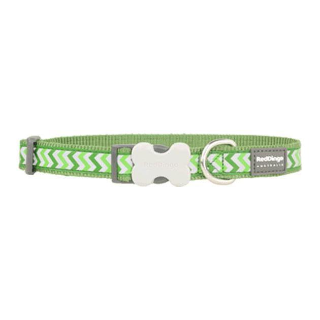 Red Dingo Reflective Ziggy Dog Collar in lime green nylon webbing with a bone-shaped buckle and stainless steel D-ring.