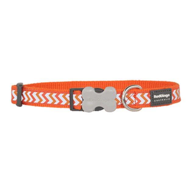 Orange Red Dingo Reflective Ziggy Dog Collar with white zig-zag pattern, grey buckle bone, and stainless steel D-ring.