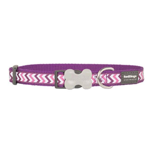 Purple Red Dingo Reflective Ziggy Dog Collar with white chevron pattern, stainless steel D-ring, and bone buckle.