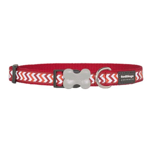 Red Dingo Reflective Ziggy Dog Collar in red nylon with white zig-zag pattern, bone buckle, and D-ring.